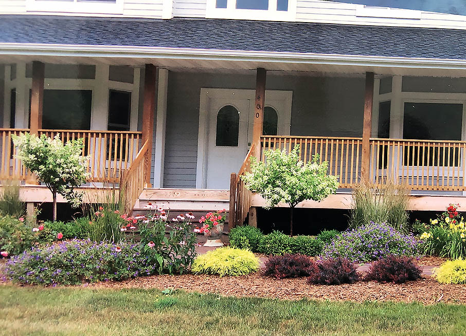 colorful plants and flowers in front of front porch